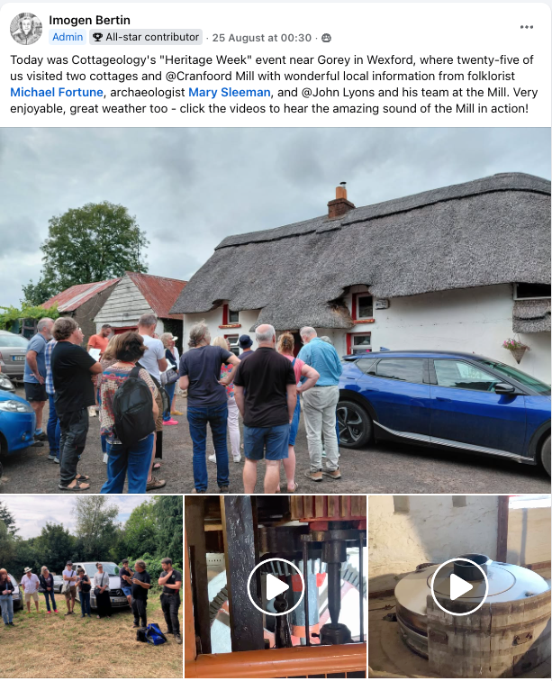 Photographs of Cottageology 2025 event showing people visiting cottages and Cranfoord Mill